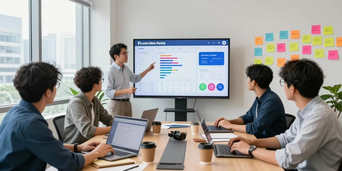 Effective facebook marketing in kl strategy session with diverse team analyzing social media metrics.