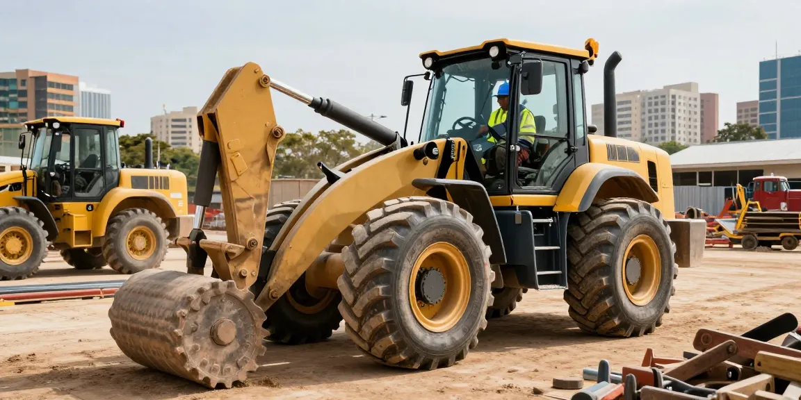 Professional inspection of tlb tyres on a backhoe at a Durban construction site, highlighting performance and durability.