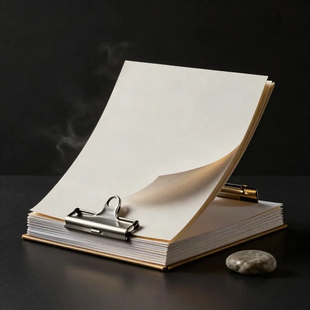 Pale canvas pricing folio arcs open on black with a clip, card stack and stone weight.