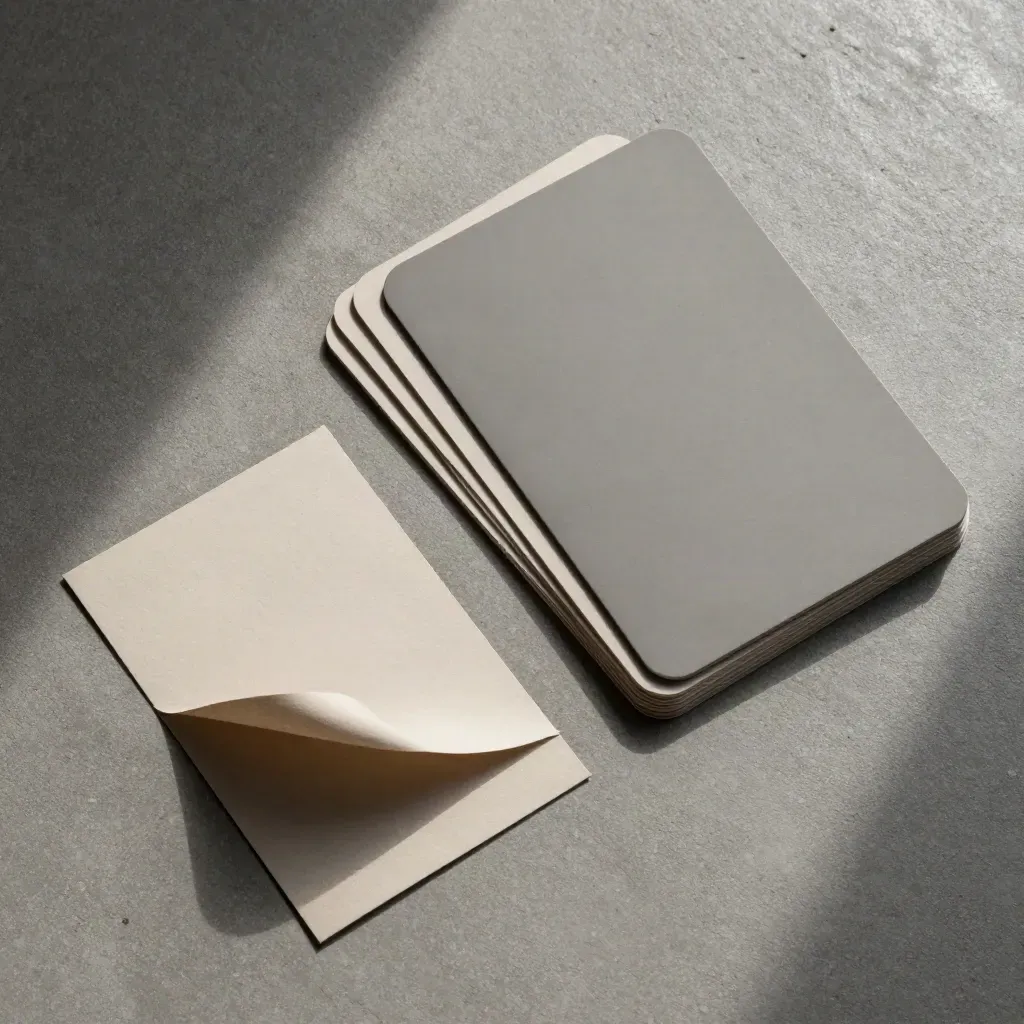Overhead flatlay of a matte side-hustle kit, insert stack, and folded seed-paper card on concrete.