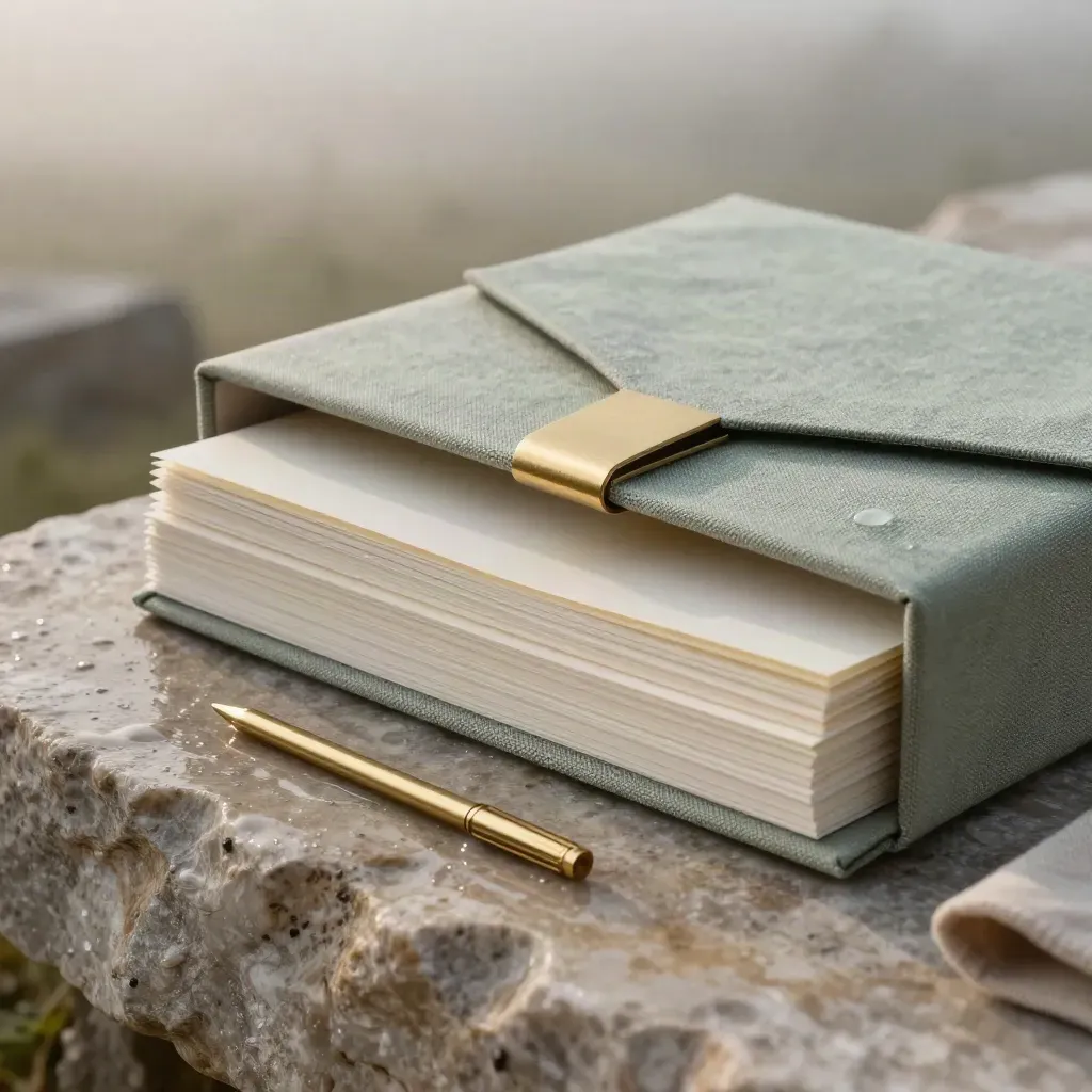 Macro income coaching kit in linen box with workbooks, cards, sleeve and brass clip on wet stone.