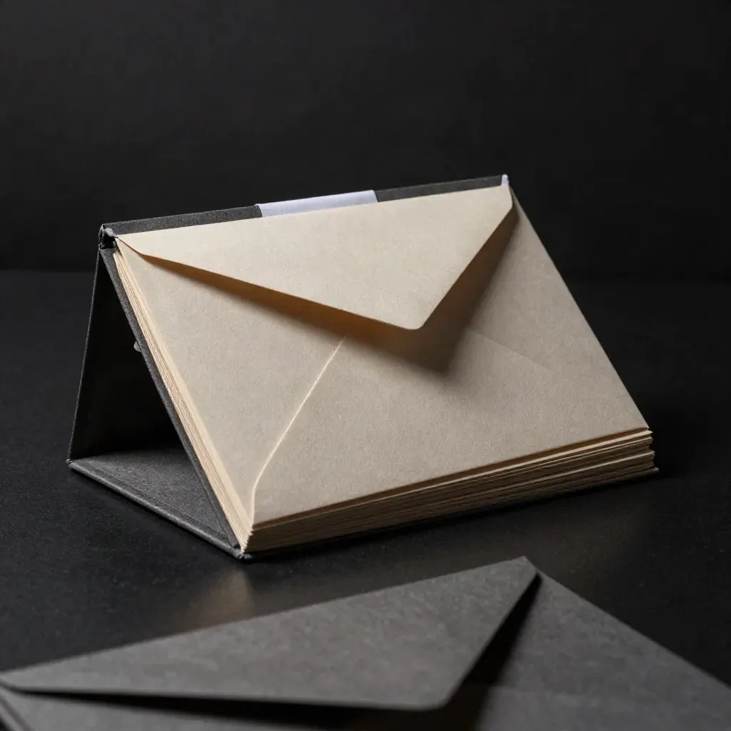 Compact email starter folio with pale envelopes and insert cards on a black surface.