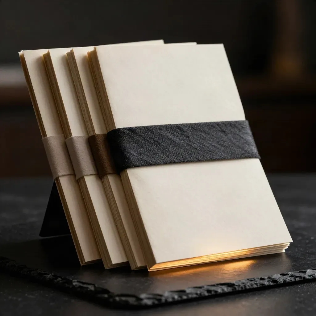 Five cream income guides stacked on matte black slate with a gold-toned cloth band.