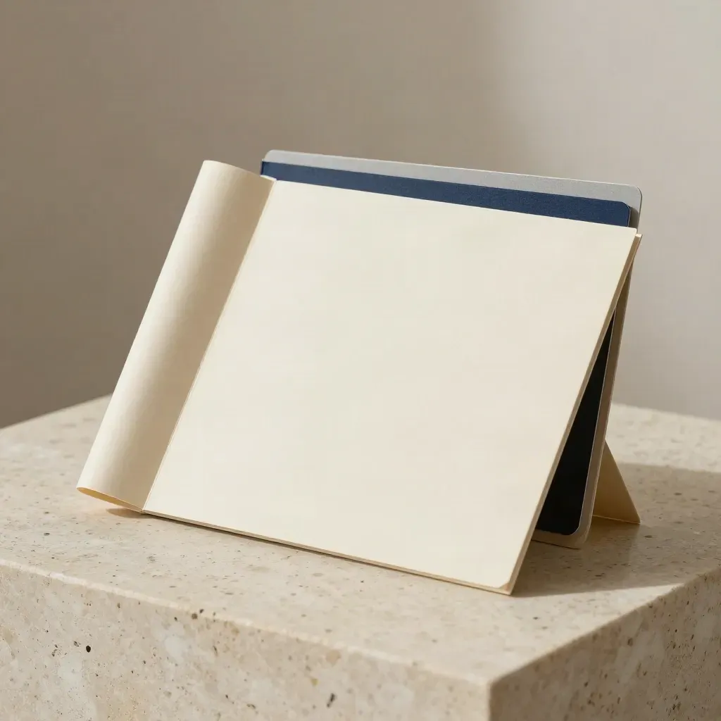 Blank cream audit folio with tabbed cards and a blue edge on travertine