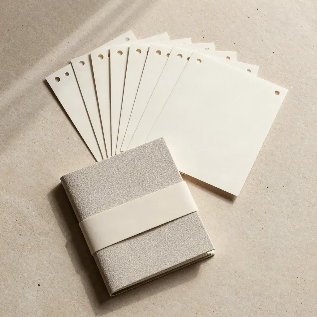 Overhead flatlay of a blank launch checklist booklet with perforated cards and paper band