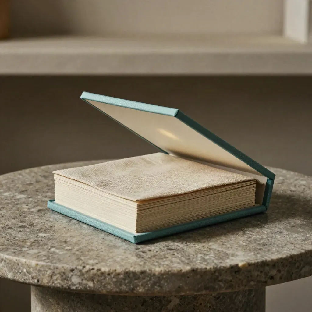 Offer deck case with linen sleeve on limestone, teal accent, studio hero shot.