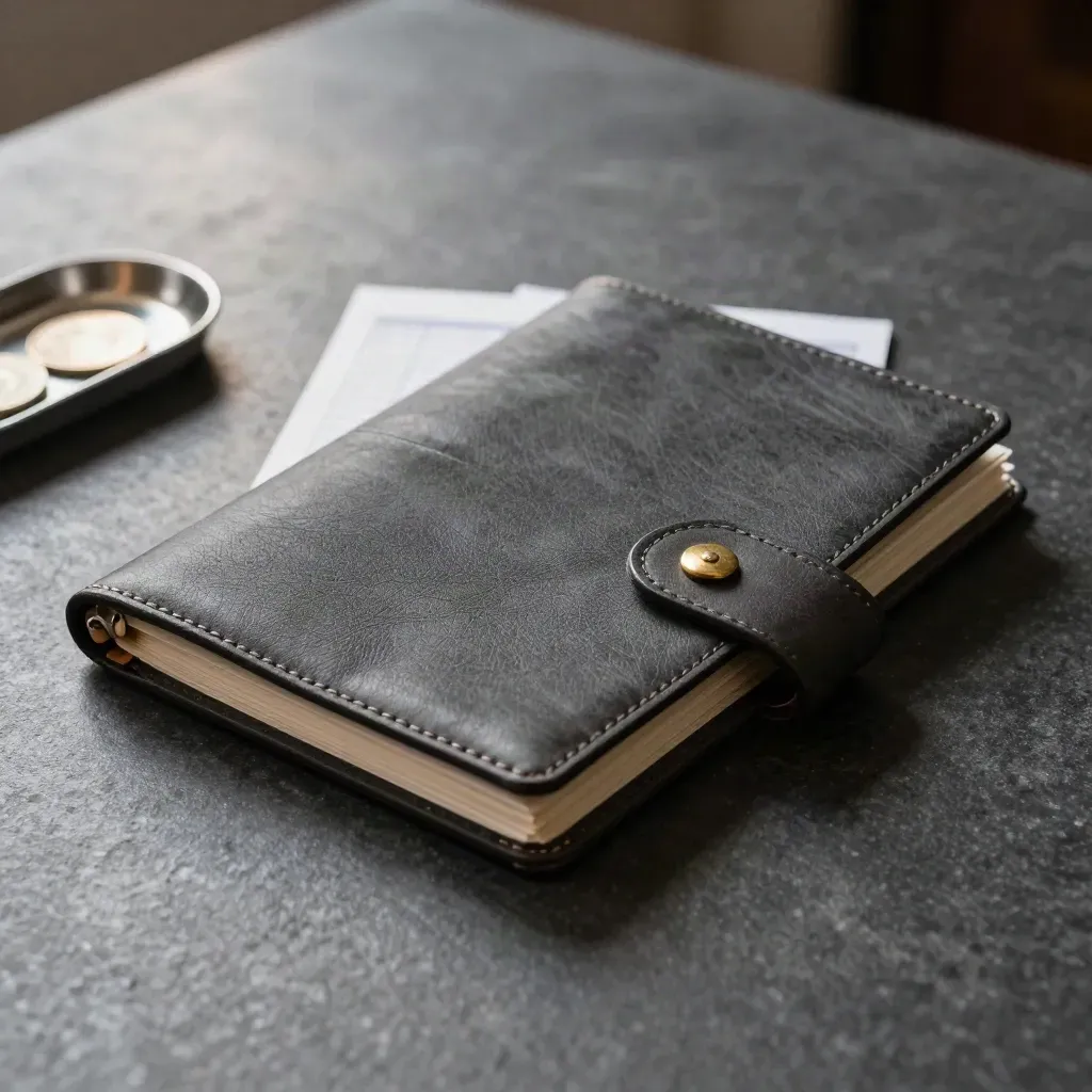 Charcoal money review folio half-closed with blank inserts and brass clasp on slate.