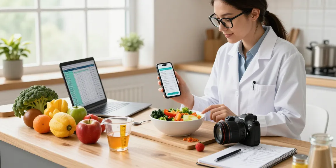 Nutritionist using the best calorie tracker app while preparing healthy meals in a bright kitchen