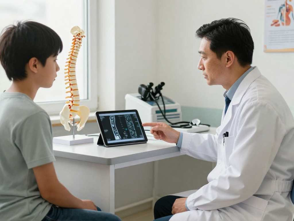 Boyun fıtığı ameliyatı consultation with doctor explaining treatment options in a bright clinic.