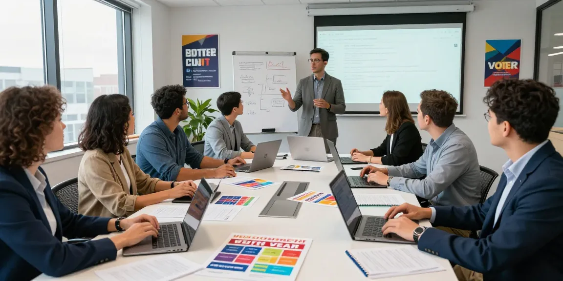Powerful team strategizing radio advertising for political campaigns in a bright office.