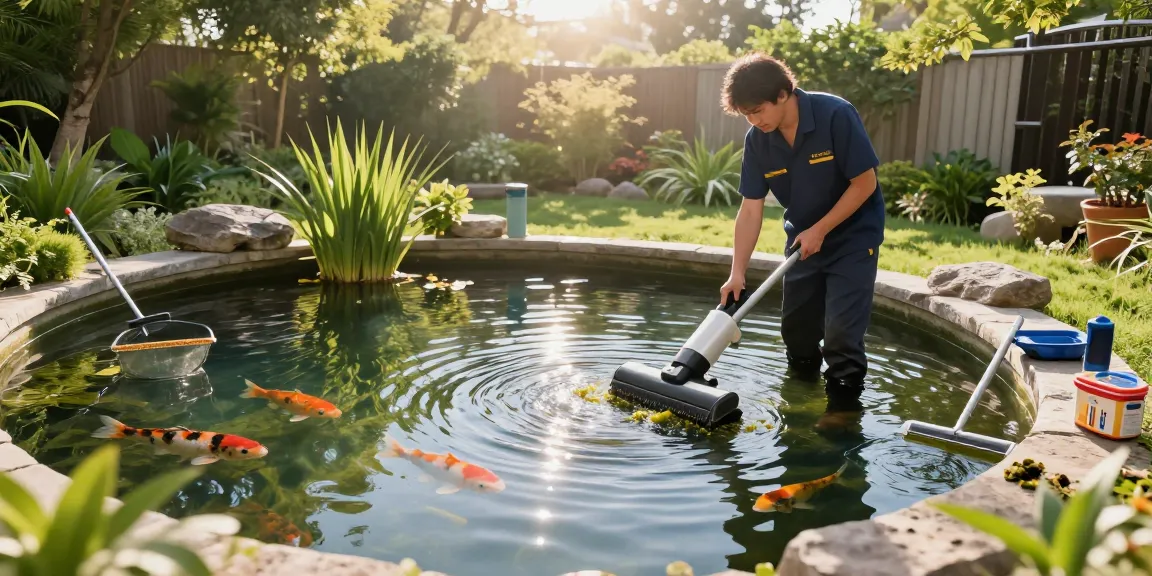 Pond Cleaning London service in action, with a technician using a vacuum in a serene garden pond.