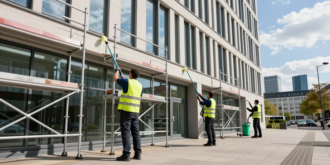 Professionelles Team für Gebäudereinigung Dortmund reinigt die Fassade eines Bürogebäudes mit umweltfreundlichen Reinigungsmitteln.