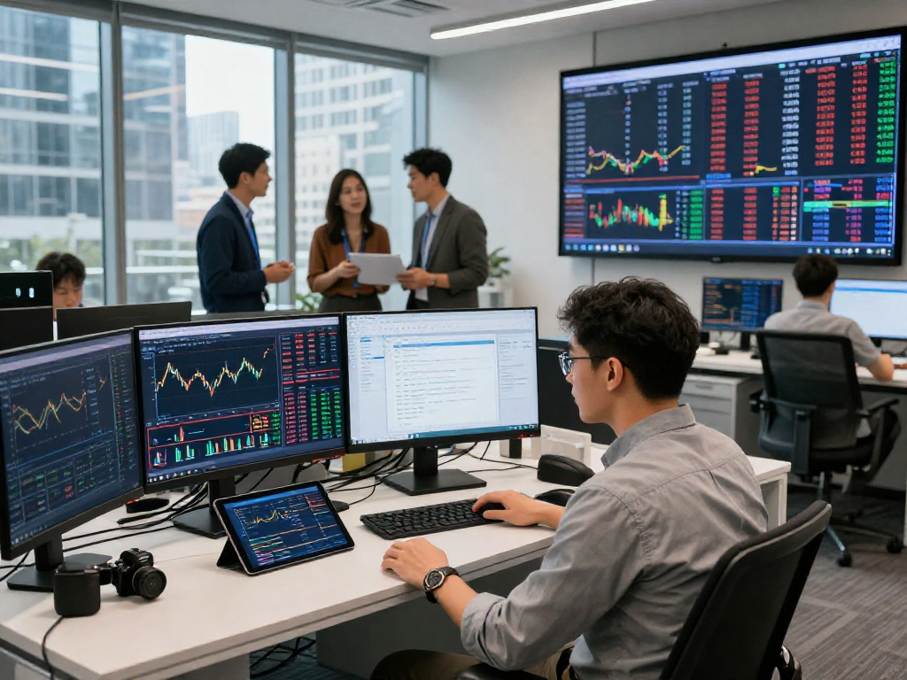 Data analyst engaging with Nasdaq stock data feed charts in a modern trading office environment.